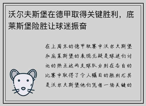 沃尔夫斯堡在德甲取得关键胜利，底莱斯堡险胜让球迷振奋